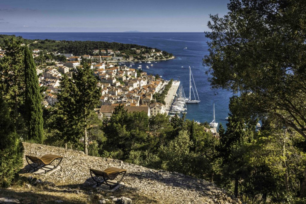 View of Hvar harbor from the Botanical garden, Hvar Old Town, Hvar Island, Croatia, Dalmatian Islands, Aegean Sea, Katerina Lines cruise, Croatia Islands Cruise