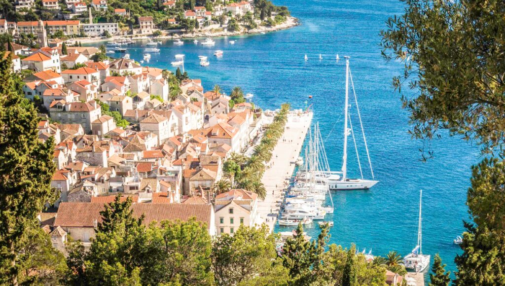 View of Hvar harbor from the Botanical garden, Hvar Old Town, Hvar Island, Croatia, Dalmatian Islands, Aegean Sea, Katerina Lines cruise, Croatia Islands Cruise