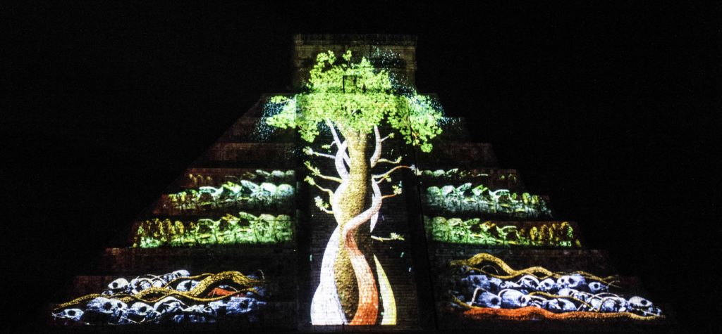 Mayan tree of life projected on the pyramid of Chichen Itza - for the Maya it connected the 13 levels in the heavens, the mortal world and the 9 levels in the underworld, Chichen-Itza, Yucatan, Mexico