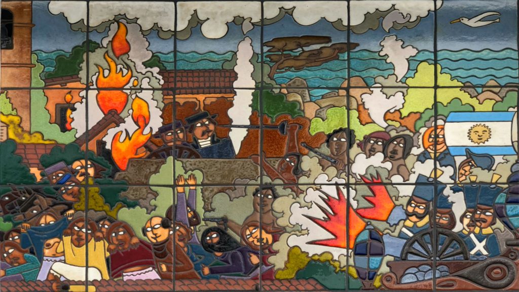 Argentinian and Spanish forces engaged in 1818 land and sea battle , Monterey Mural, Monterey, California