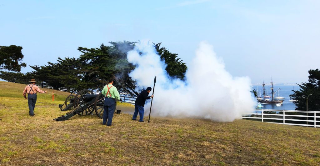 Cannons fire on the Lady Washington from Lower Presidio Historic Park , Monterey, California