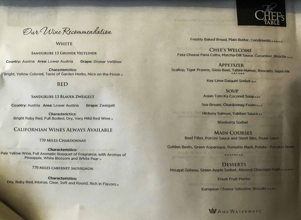 Chef's Table Menu, AmaPrima, AmaWaterways cruise, Moselle river, Germany