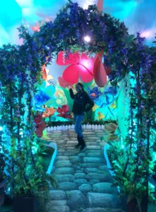 Lori Lochtefeld welcomes visitors to the exotic jungle trail, Selfieville, Golden State Theater, Monterey, California