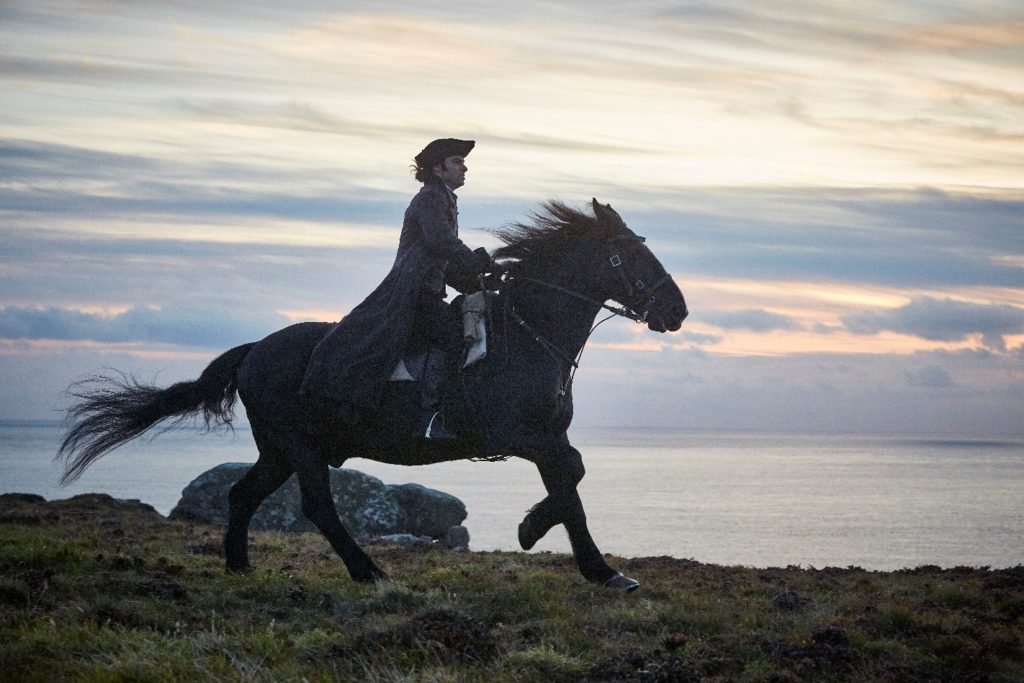 Materpiece Mystery Tour, Aidan Turner as Ross Poldark astride Seamus., Cornwall, Great Britain, England, UK