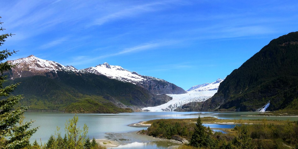 Mendenhall Glacier and Nuggett Falls from the Visitor Center, Alaska