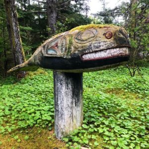 Memorial whale totem on the trail to Chief Son-I-Hat’s Whale House, Kasaan, Alaska