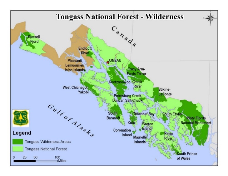 U. S. Forest Service map of the Tongass, with National Monuments and Wilderness Areas, Alaska