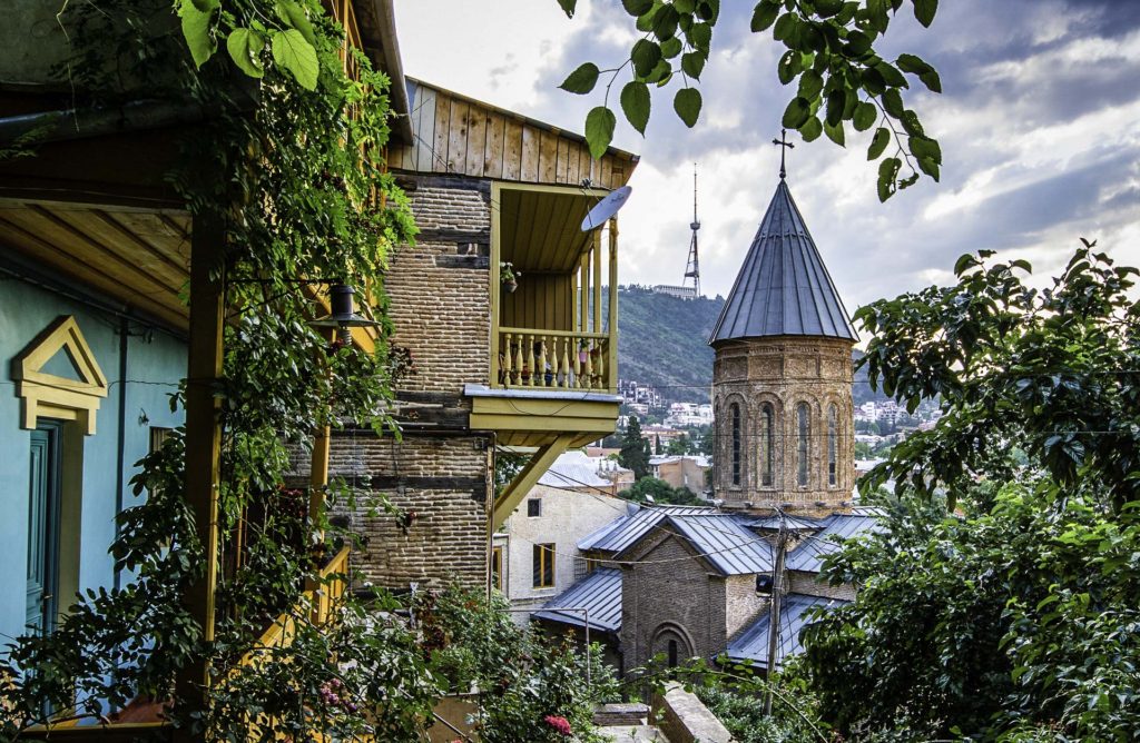 Walking in Old Tbilisi: Lower Betlemi Church, with Mount Mtatsminda in the background, T'bilisi, Republic of Georgia