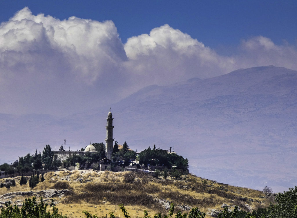 A Sunni mosque in the Bekaa Valley, with the Mount Lebanon Range in the background