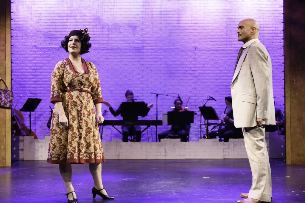 Mother Rose pushing her wall flower daughter Louise in "Gypsy" the play now at Alcazar Theater, San Francisco, California