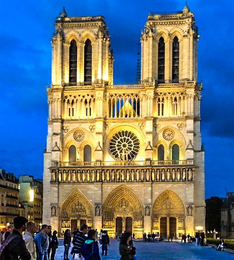 Notre Dame at night prior to fire, Paris, France