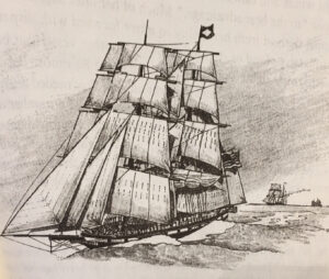 Artists concept sketch of the Frolic under sail (courtesy of “Voyage of the Frolic”, Stanford University Press, Thomas Layton author)