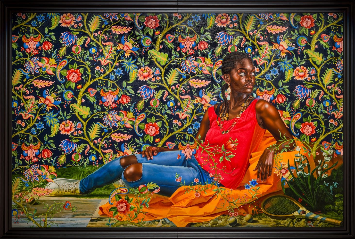 Kehinde Wiley, “The Death of Hyacinth (Ndey Buri Mboup)”, 2022 Oil on canvas. Courtesy of the artist and Templon, Paris — Brussels — New York. Photo: Ugo Carmeni.