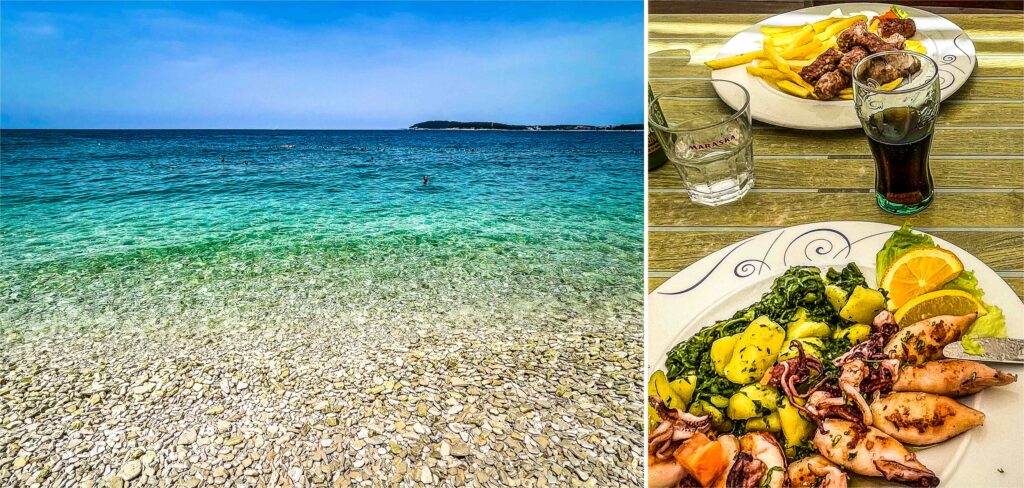 Pebble beaches of Istria and the typical meals of the coast—seafood and cevapcici.