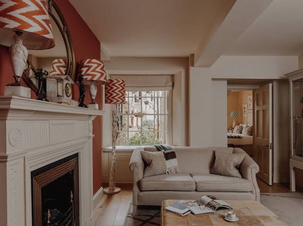 Stylish quarters, complete with fireplace, at No. 15 inn on Great Pulteney Street, where Anne Elliot glimpses her beloved Captain Wentworth in Austen's novel, Persuasian (Photo courtesy of the No. 15 Guest House Hotels)