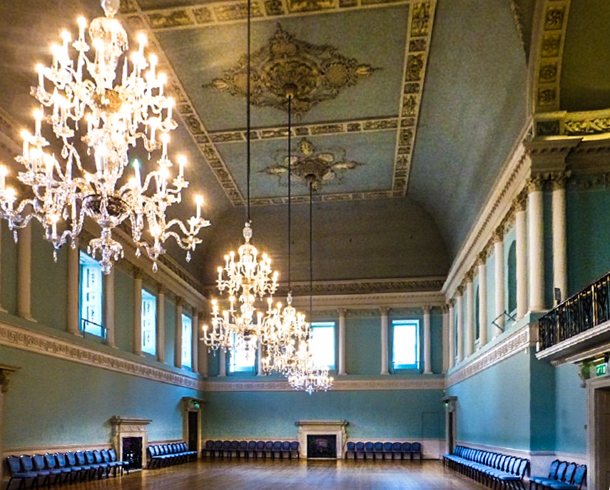 The 100-foot-long ballroom, with powder-blue walls and original crystal chandeliers, in Bath's Assembly Rooms where Northanger Abbey's Catherine Morland meets her love Henry Tilney, Bath, UK