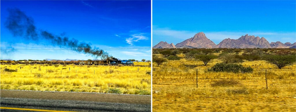 On the road from Windhoek to Swakopmund, with a glimpse of the Spitzkoppe formation, Namibia