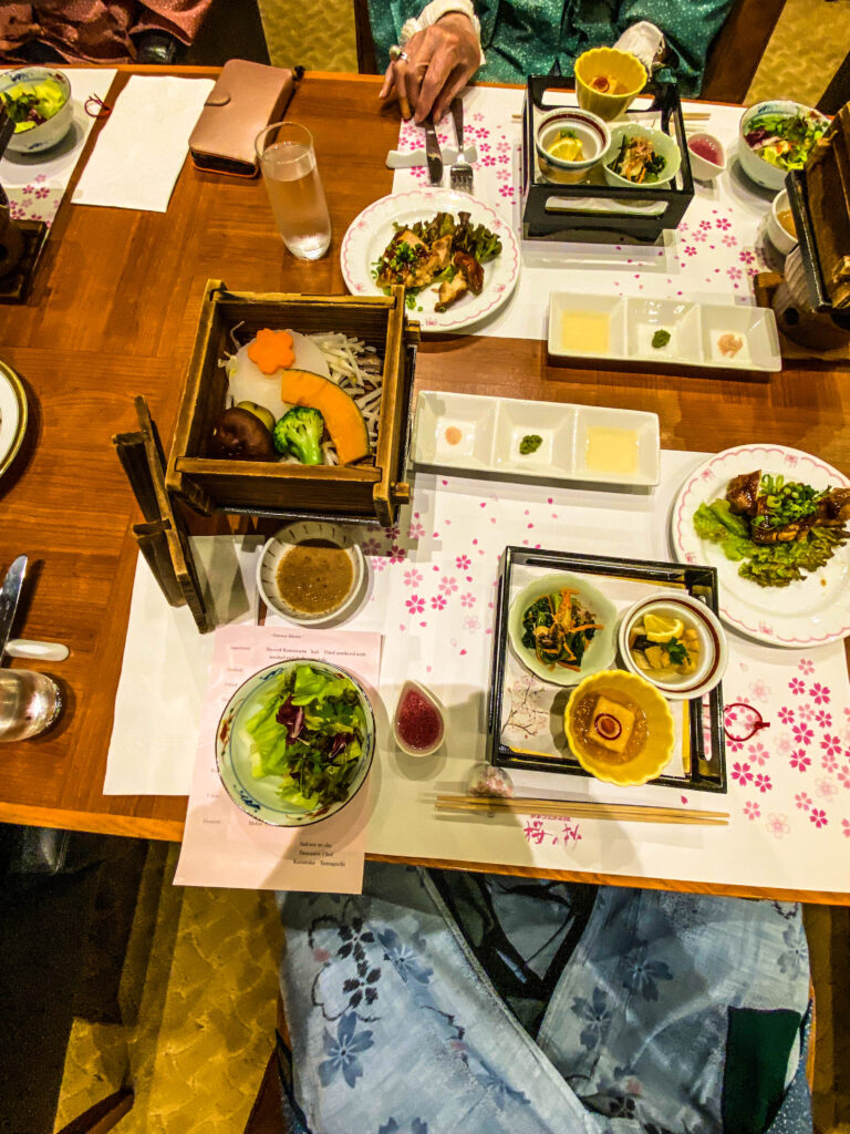 Kimono and montsuki robe traditional dinner at Kotohira Ryokan, Shikoku Island, Japan