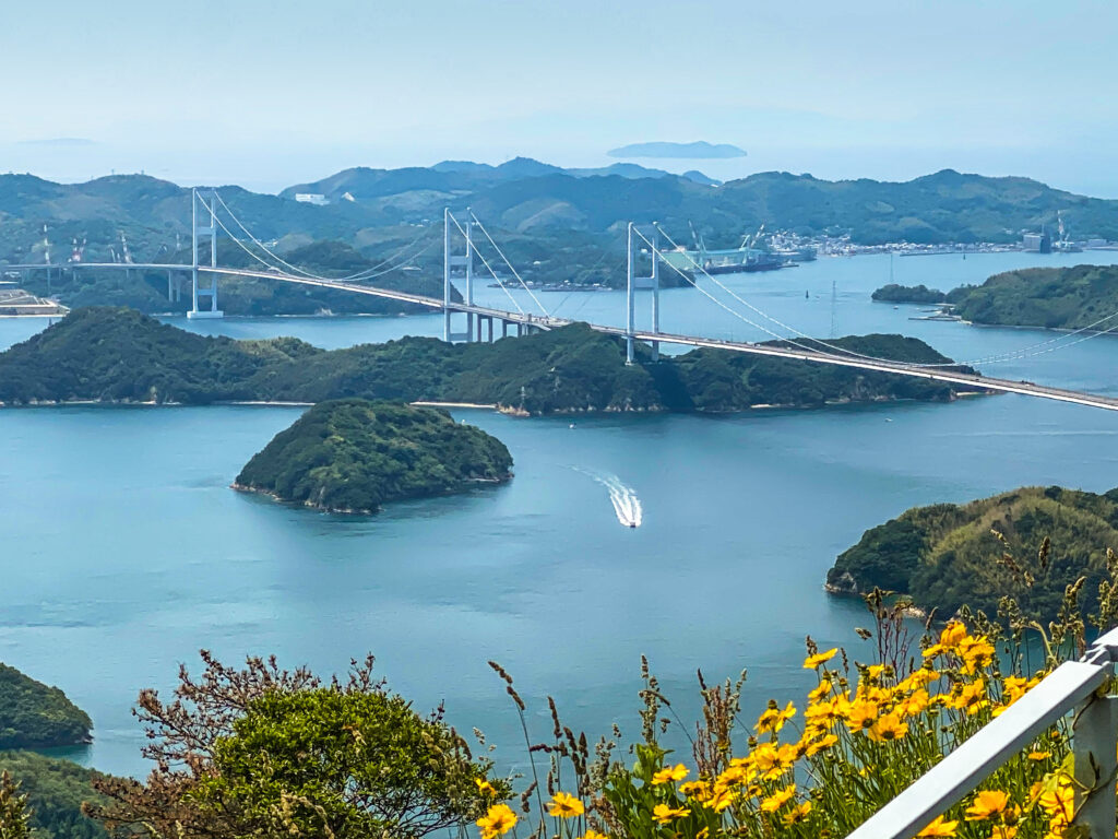 Kurushima Kaikyō Bridgeview from Mt. Kirou viewpoint at Kirosan View Park, Awagi Island, Japan 
