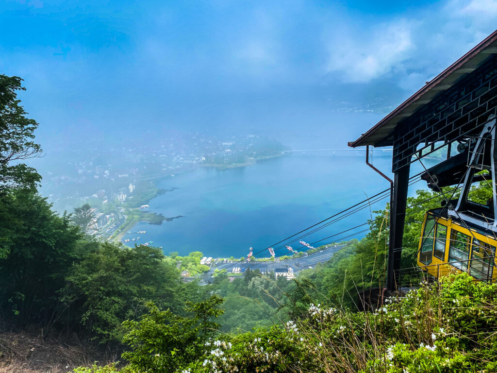 Lake Kawaguchi from the Kitch Ketchi aerial ropeway, Five Lakes district, Mt. Fuji, Japan