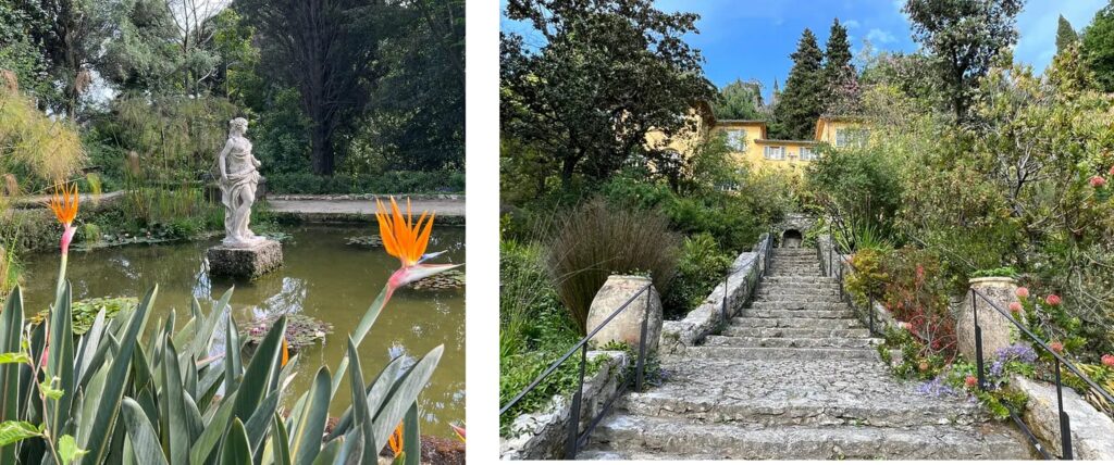 A wide stone stairway leads from the pool up to the farmhouse that Johnson expanded into a villa.