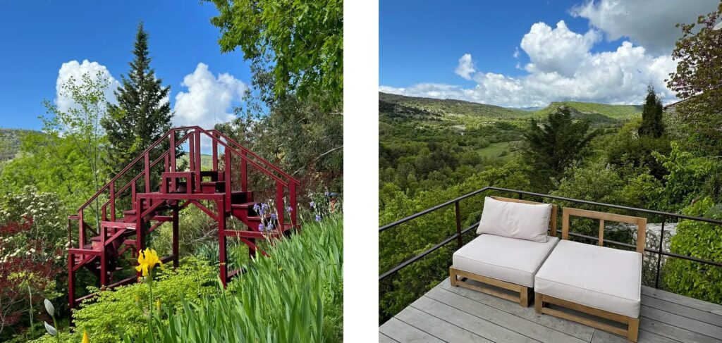 A geometric bridge sculpture built by Jean Grisot leads to lower terraces.