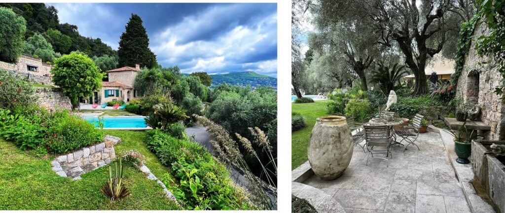 La Mouissone guest house and pool terrace and olive shaded lawn areas, France