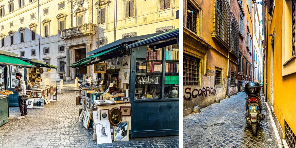 Left: Piazza Borghese with its book & print market; in the background is Palazzo Borghese. Right: Vicolo del Divino Amore, where Caravaggio rented a house, Caravaggio Trail, Rome, Italy