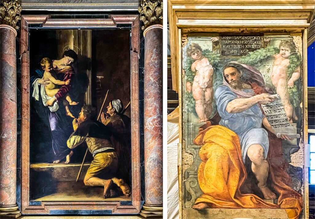 Left: Madonna of the Pilgrims, Caravaggio. Right: Prophet Isaiah, Raphael. Basilica di Sant’Agostino, Caravaggio Trail, Rome, Italy