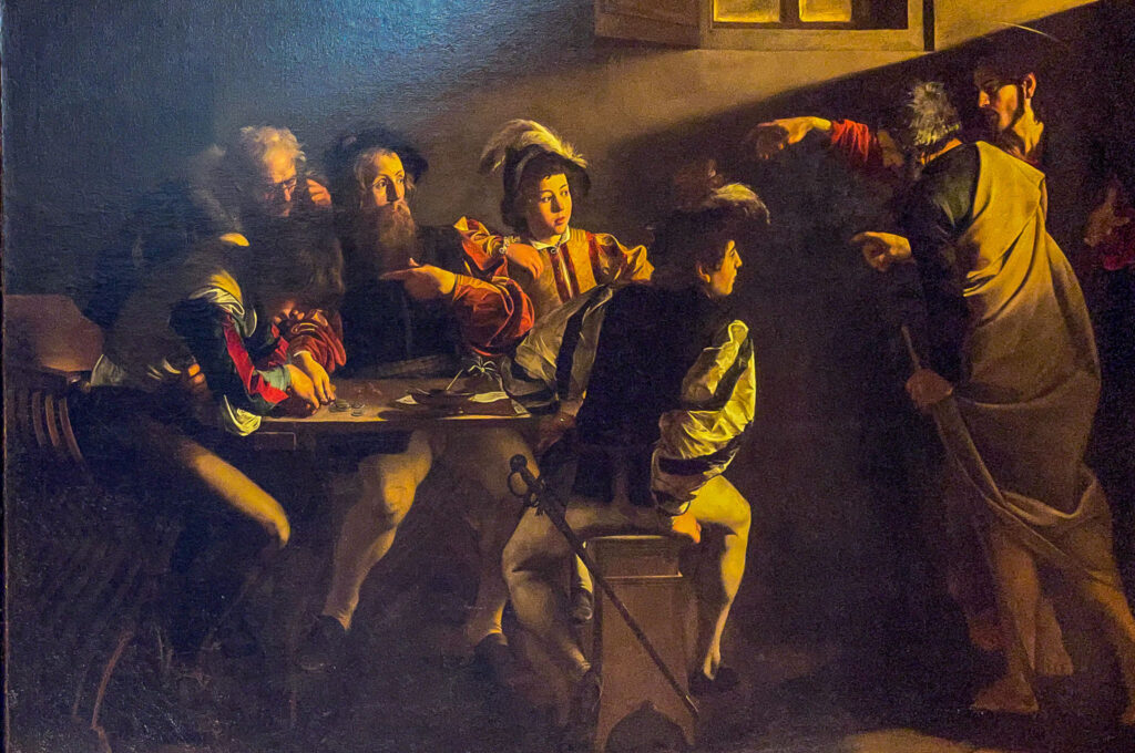 Detail of The Calling of Saint Matthew, Caravaggio. San Luigi dei Francesi, Caravaggio Trail, Rome, Italy