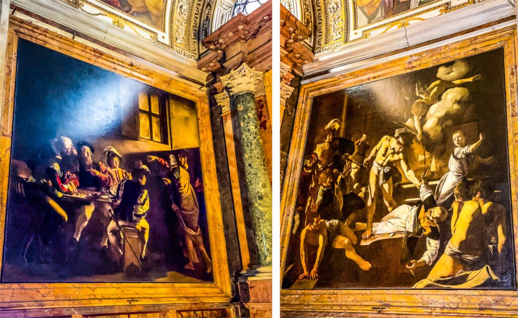 Caravaggio in the Church of San Luigi dei Francesi. Left: The Calling of Saint Matthew. Right: The Martyrdom of Saint Matthew, Caravaggio Trail, Rome, Italy
