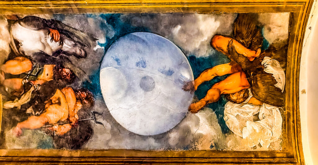 Jupiter, Neptune and Pluto, a ceiling painting by Caravaggio. Villa Aurora, Caravaggio Trail, Rome, Italy