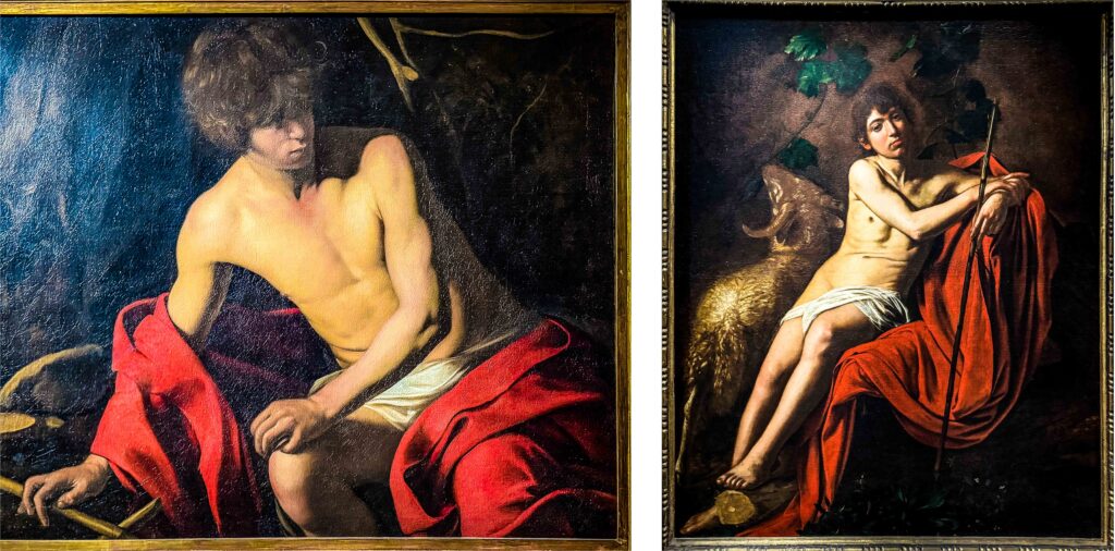 John the Baptist—possibly Caravaggio’s favorite theme. The version on the left is from Palazzo Corsini, the one on the right from Galleria Borghese, Caravaggio Trail, Rome, Italy