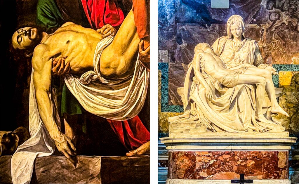 Caravaggio’s Christ in The Entombment is a tribute to Michelangelo’s Pietà at St. Peter’s Basilica, Caravaggio Trail, Rome, Italy