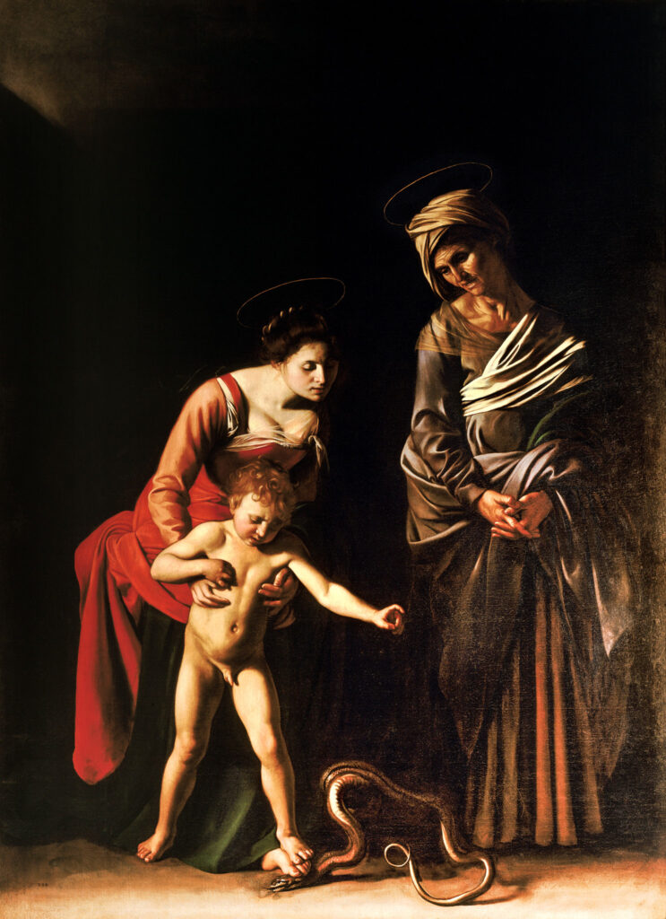 Madonna and Child with St. Anne, Caravaggio. Galleria Borghese. Source: Wikimedia Commons (https://commons.wikimedia.org/wiki/File:Madonna_and_Child_with_St._Anne-Caravaggio_(c._1605-6).jpg), public domain, Caravaggio Trail, Rome, Italy