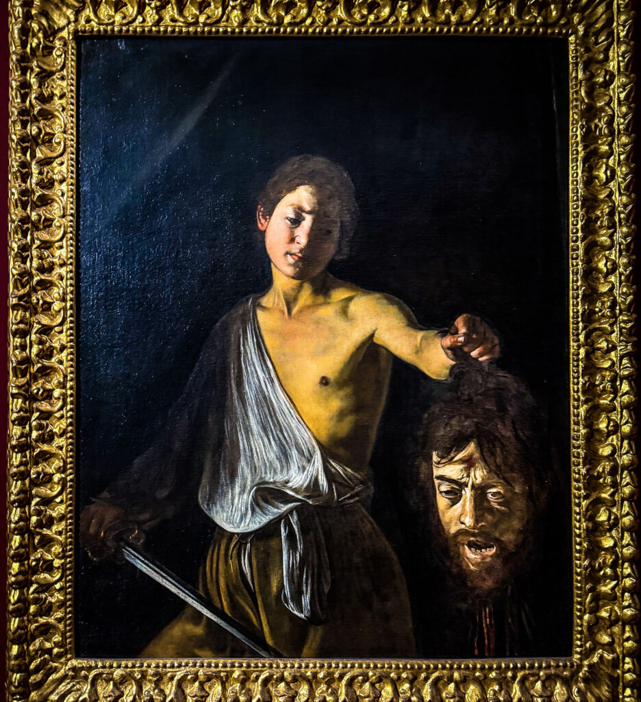 David with the Head of Goliath, Caravaggio. Galleria Borghese. The head of Goliath is a self-portrait, Caravaggio Trail, Rome, Italy